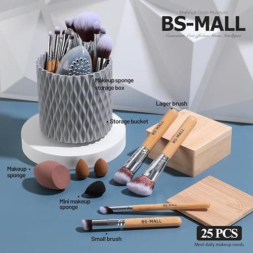BS-MALL Makeup Brushes Bamboo Premium Synthetic Foundation Powder Concealers Eye Shadows 18 Pcs Brush Set with 5 sponge & Holder Sponge Case thumbnail 5