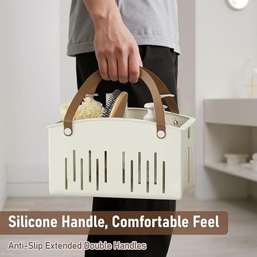 Delamu Portable Shower Basket Caddy with Double Handle Foldable Dry Wet Separation Design 11.0 × 7.1 × 6.5in, Travel, Camping, Gym, College Bathroom Tote, White, Ideal Christmas Gifts for Girls thumbnail 6