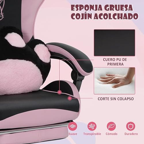 YU YUSING Bonita Silla Gaming con Pata de Gato Cojín Lumba y Orejas de Gato, Silla Gamer Ergonómica Escritorio, Reposapiés Reposacabeza, Caldera de Ordenador para Niñas, Adolescentes, Oficina, Rosa thumbnail 4