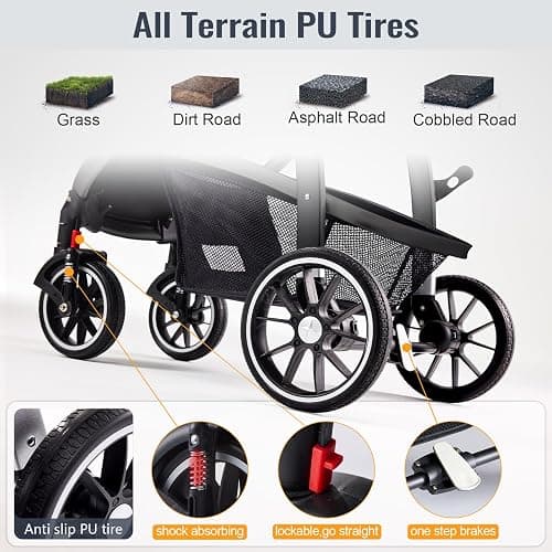 Baby Stroller, 2-in-1 Reversible Toddler Seat with Lie-Flat Mode, Foldable Infant Stroller with Canopy, One Button Brake, Adjustable Handle, Newborn Pushchair (Black B) thumbnail 5