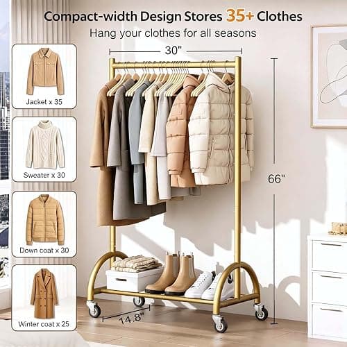 MISSLO Heavy Duty Clothing Rack with Wheels Rolling Clothes Racks for Hanging Clothes, Coats, Garment, Dress, Gold, 30" W thumbnail 2