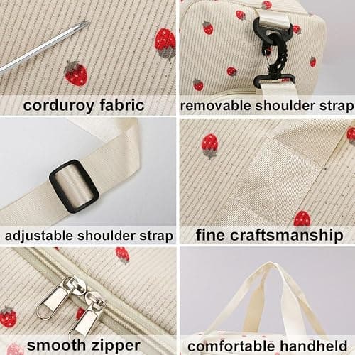 Strawberry Duffel Bag for Girls,Corduroy Gym Bag with Shoe Compartment & Wet Pocket,Cute Travel Weekend Overnight Dance Bag for Teens (white) thumbnail 7