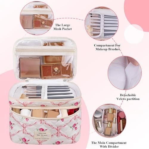 Gosect Makeup bag, Large Cosmetic Bag for Women Girls, Cute Quilted Makeup Bags, Floral Coquette Aesthetic Toiletry Bag, Travel Make Up Organizer Bag (Pink) thumbnail 3
