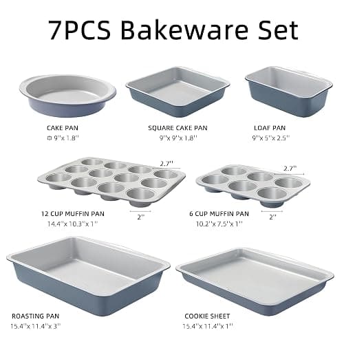 CAROTE 7-Piece Nonstick Stackable Baking Pans Set - Bakeware Sets Including Cookie Sheets for Baking, Muffin Pan, Bread Pan, Cake pan, Loaf Pan, Roasting Pan, Gray & Blue thumbnail 3