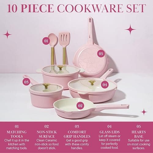 Paris Hilton Ceramic Nonstick Pots and Pans, Cookware Set, Cast Aluminum With Dual Layer Non Stick Coating, Made Without PFAS PFOA PFOS And PTFE, Dishwasher Safe, 10-Piece, Pink thumbnail 2