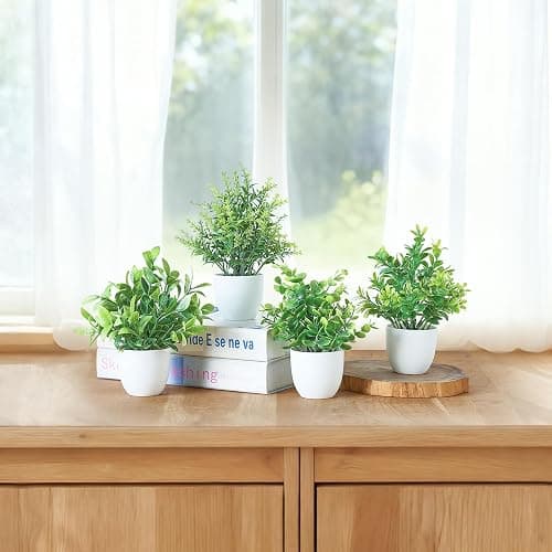 Mkono 4 Packs Fake Plants Small Artificial Potted Plant Home Decor Indoor | White, Realistic Look, Mini Size Decorative Plants for Shelf Bathroom Counter Bedroom Office Desk Table Living Room Kitchen thumbnail 2