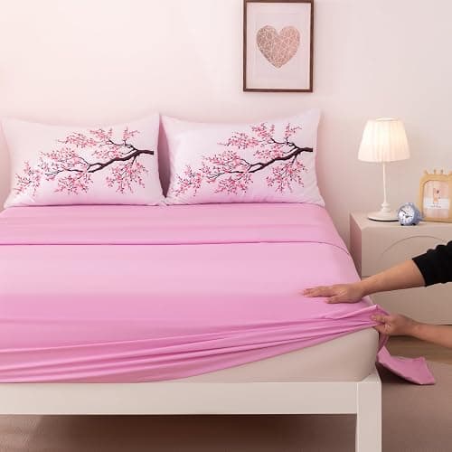 Suncloris Red Cherry Blossom Comforter Set Queen, 5pc Sakura Floral Bedding Set, Includes Lightweight Quilt, 2 Pillowcases, Flat & Fitted Sheet, Microfiber Bedding for Girls Teens (Red (5pcs), Queen) thumbnail 6