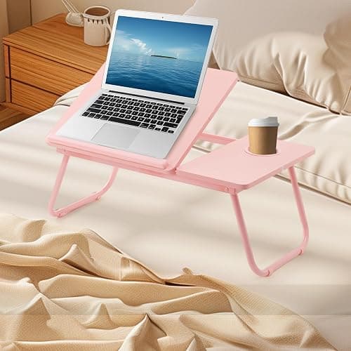 Holdfiturn Foldable Laptop Desk, Laptop Table with Cup Holder, Height Adjustable Computer Bed Tray Table, Reading Holder Notebook Stand for Eating Reading Working (Pink) thumbnail 6
