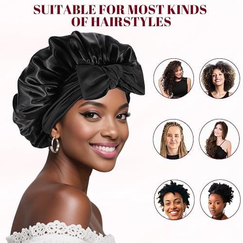 PAEFIU 2 Stück Seidenhaube zum Schlafen, Weiche Satin Haarhaube mit 2 Scrunchies Schlafhaube Bonnet Sleep Cap Schlafmütze für Damen Mädchen thumbnail 5