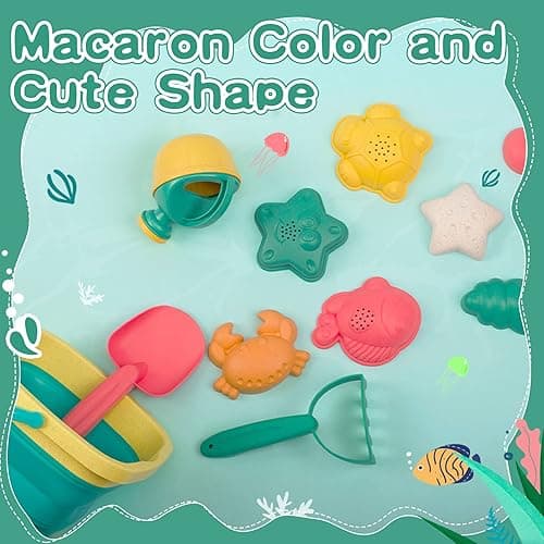 Beach Toys for Kids - Sand Toys Set Includes Collapsible Sand Bucket Shovel and Sand Rake Toy for Beach 12 PCS, Sandbox Toys Sandcastle Building Kit with Waterproof Net (A) - Baby Beach Toys thumbnail 7