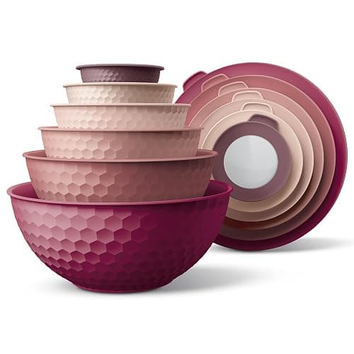 COOK WITH COLOR Mixing Bowls with Lids - 12 Piece Plastic Nesting Bowls Set includes 6 Prep Bowls and 6 Lids, Non Slip Bottom and Embossed Design - Microwave Safe (Rose) - Image 1