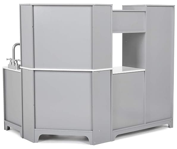 Amazon Basics Kids Corner Wooden Kitchen Toy Playset with Stove, Oven, Sink, Fridge and Accessories, for Toddlers, Preschoolers, Children Age 3+ Years, White & Gray, 39.37"L x 28.35"W x 35.04"H thumbnail 9