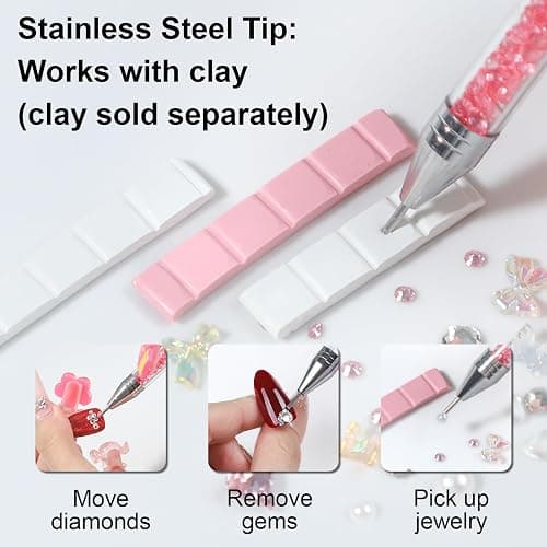 OIFEN Rhinestone Picker Tool,2 Wax Pencil for Rhinestones, Dual-Ended Rhinestone Applicator Wax Pen Gem Picker Tool with 6 Extra Wax Tips and 2 Tweezers (Pink+White) thumbnail 4