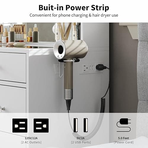 Yanosaku Vanity Desk & Power Outlet, Makeup Vanity with Mirror and 10 LED Lights, 3 Lighting Modes Brightness Adjustable, Makeup Table with 4 Shelves and Fold-up Panel, Vanity Set for Bedroom, White thumbnail 7