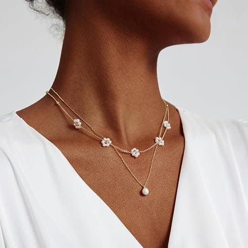 LULII Pearl Necklaces for Women 14K Gold Plated Dainty Layered Single Pearl Necklace Simple Daisy Pearls Choker Cute Gold Necklace Stack Jewelry Sets for Women Trendy Gifts - Image 1