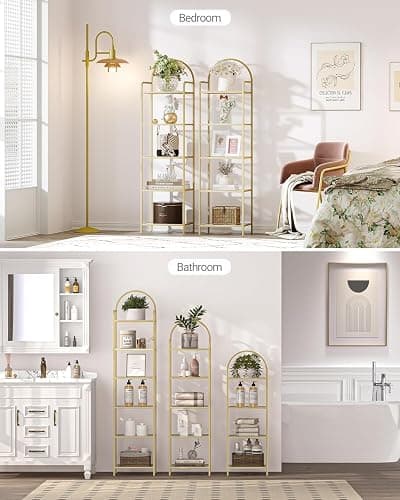 Hzuaneri Bookcase Bookshelf, Tempered Glass Bookshelves, Slim Shelving Unit for Bedroom, Bathroom, Home Office, Steel Frame, 5 Tier Gold BC05001G thumbnail 5