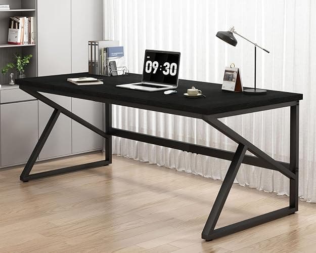 HSH 70 Inch Long Black Desk, Large Metal Wood Computer Desk for 2 Monitors, Modern Home Office PC Laptop Desk for 2 People Executive Writing Work Study Gaming, Simple Bedroom Living Room Black Table thumbnail 5