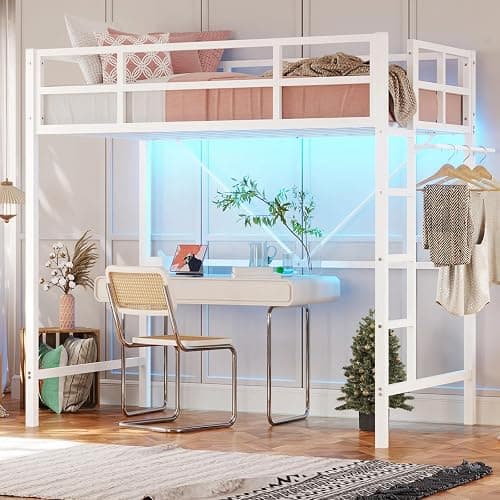 DICTAC Loft Bed Twin Size with Ladder and Guardrail,Metal Twin Loft Bed for Kid/Teen with Led Lights,Small Space Saving Furniture Design for Bedroom,Kid Room and Dorm,No Box Spring Needed, White - Image 1