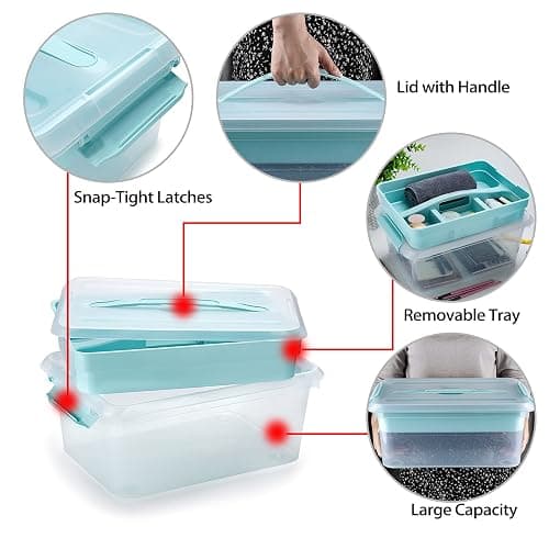 BTSKY Stack & Carry Box, Clear Plastic Storage Container Stackable Home Utility Box with Removable Tray Multi-Purpose Storage Bin for Organizing Stationery, Sewing, Art Craft Supplies(Blue) thumbnail 5