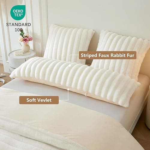 MEGO Fluffy Faux Rabbit Fur Body Pillow Cover, Cozy Plush Fuzzy Wide Striped 20x54 Ivory Body Pillowcase, Decorative Shaggy Furry Zippered Bedroom Long Pillow Cover for Pregnancy Side Sleeper, Beige thumbnail 3