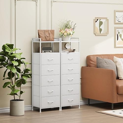 Somdot White Tall Night Stand for Bedroom,Tall 5 Drawers Dresser, Vertical Storage Tower Unit, Nightstand Furniture with Fabric Drawer Organizer in Bedside Kids Dorm Room Closet Laundry Entryway thumbnail 4