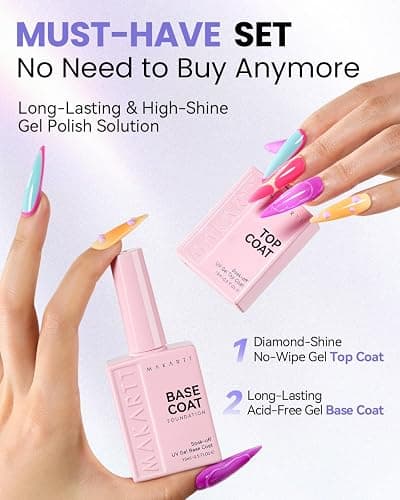Makartt Gel Top and Base Coat Set 2 PCS 15ml No Wipe Long Lasting | Upgrade Diamond-Shine Base and Top Coat Gel Nail Polish Soak Off UV LED Lamp Needed Home DIY Salon Gift Women thumbnail 2