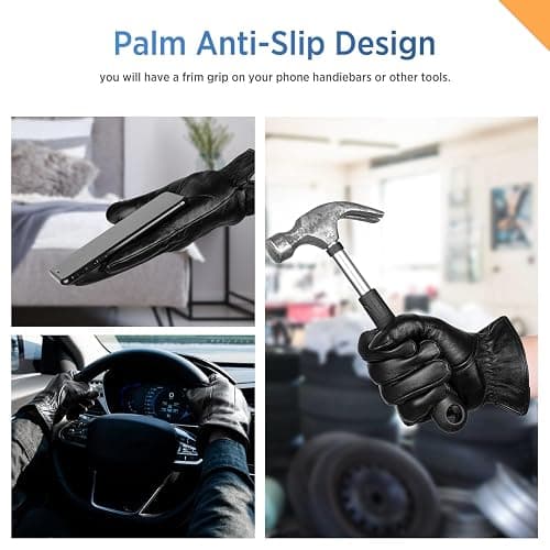 Alepo Genuine Sheepskin Leather Gloves for Men, Winter Warm Touchscreen Texting Cashmere Lined Driving Motorcycle Gloves thumbnail 5