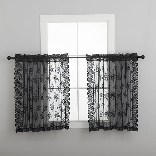 Kotile Short Black Lace Curtains for Small Windows W42 x L36 Inch, 2 Panels | Rod Pocket, Graceful Openwork Detail, Even Window Light, Vintage Gothic Mood, Tailored Short-Window Look, Privacy thumbnail 2
