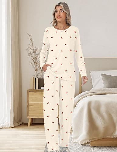 Rapbin Schlafanzug Damen Lang Pyjama Set Nachtwäsche Loungewear mit Taschen | Zweiteiliger Schlafanzüge für Damen Nachtwäsche Langarm Oberteile und Schlafhose mit Taschen Loungewear für Herbst Winter thumbnail 3