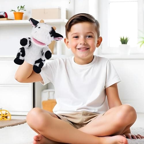 Animal Hand Puppets 11 Inch Sea Turtle Plush Dinosaur Animals Hand Puppet Toys Role-Play Toy Puppets for Kids Storytelling Imaginative Pretend Play Teaching Preschool(Cow) thumbnail 2