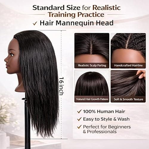 Mannequin Head Human Hair 16 Inch, 100% Real Human Hair Cosmetology Mannequin Head with Clamp Stand, Professional Hair Manikin Doll Head for Braiding, Styling & Hairdresser Training (Black-16inch) thumbnail 2