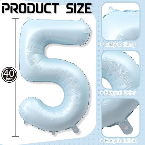 Big Number 5 Balloons, Dusty Light Blue Foil 5 Balloon Numbers 40 Inch, Giant 5th Birthday Party Decor, Matte Baby Blue Mylar Helium Self Inflating Balloon for Boys Birthday Anniversary Decorations thumbnail 3