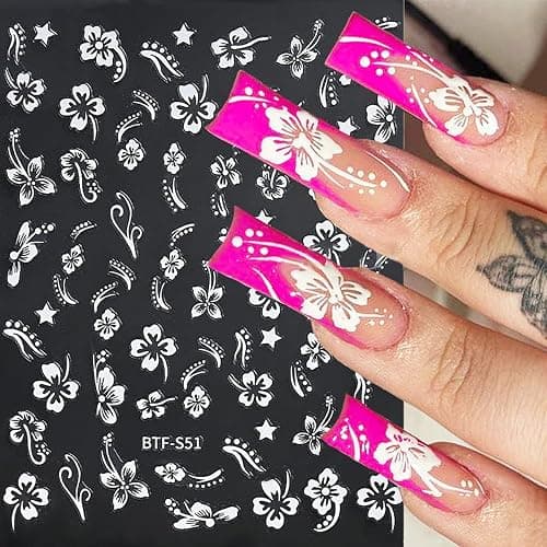 6Sheets Hibiscus Flower Nail Stickers White Pink Nail Decals Elegant Floral Petal Wavy Line Strip Tropical Leaf Designs French Tip Sticker for Women Nail Supplies Spring Nail Decorations Accessories thumbnail 2