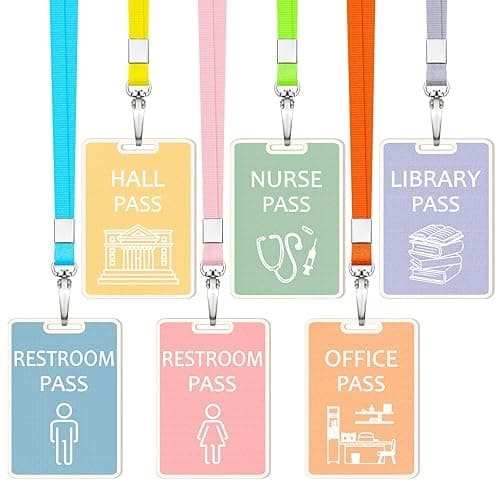 Sabary 6 Sets Hall Pass Lanyards and School Passes Set Unbreakable Wooden Bathroom Passes for Classrooms Hall, Restroom, Library, Office and Nurse School Teacher Supplies Gift(Light Color) - Image 1