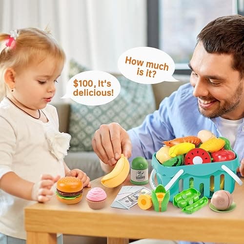 130Pcs Kitchen Playset, Toddler Pretend Cooking Play Pots, Pans, Utensils Cookware, Daily Food Fruit Veges, Shopping Storage Basket, Dessert, Prop Money, Learning Gift for Child (Blue) thumbnail 8