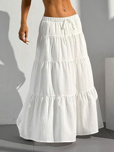 Xuani Maxi Skirts for Women Ruffle Hem A Line Long Skirts Elastic Waist Elegant Tiered Layer Boho Long Dress thumbnail 3