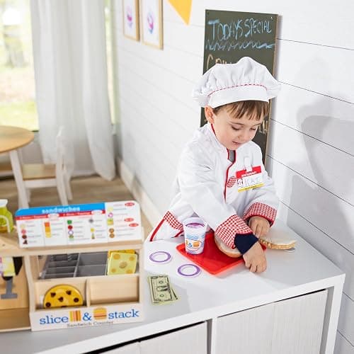 Melissa & Doug Slice-Stack-Serve, Wooden Sandwich Counter Pretend Play Store with Play Food Toys, Play Money & Deli Slicer, Preschool Toys for Kids 3+ thumbnail 7