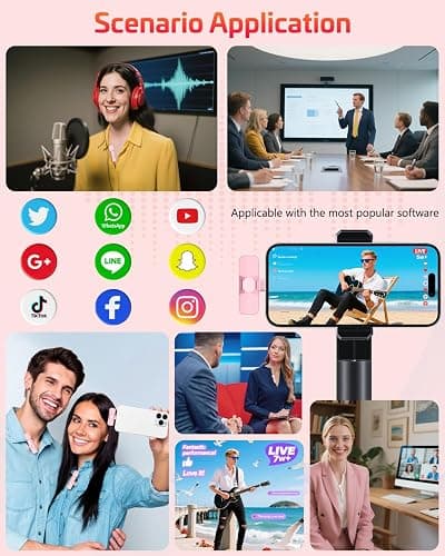 HONGJIEYUAN Pink Wireless Lavalier Microphone for iPhone & Android - Mini Clip-On Mic with Noise Cancellation, 65ft Range, 8H Battery, USB-C/Lightning - for TikTok, YouTube, Podcast, Live Streaming thumbnail 5