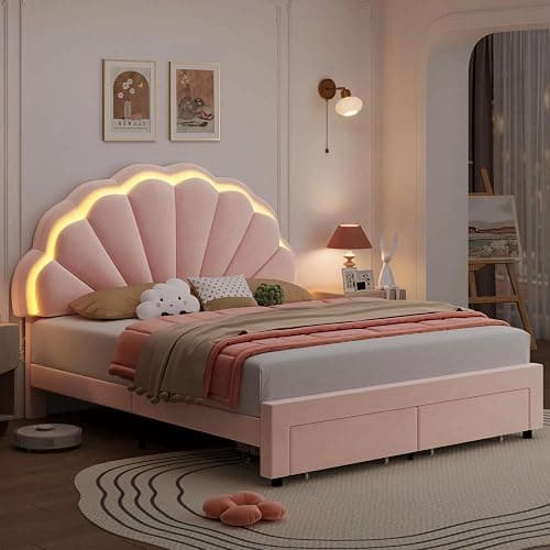 HIFIT Full Size Upholstered Smart LED Bed Frame with 2 Storage Drawers and Adjustable Chic Double Petal Headboard, Princess Platform Bed for Girls, Solid Wood Slats Support/No Box Spring Needed, Pink - Image 1