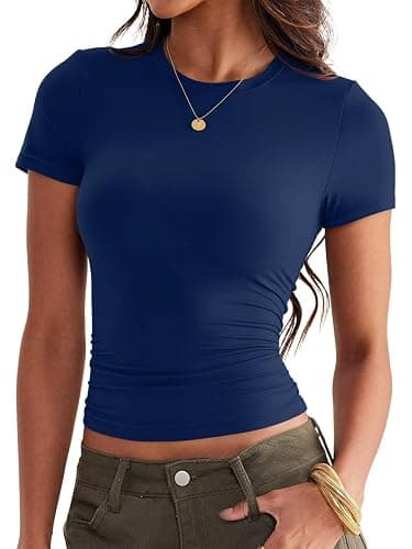 Womens Double Lined Tops Crewneck Short Sleeve Tees Basic Slim Fit T Shirts Y2K Summer Clothes 2025 thumbnail 2