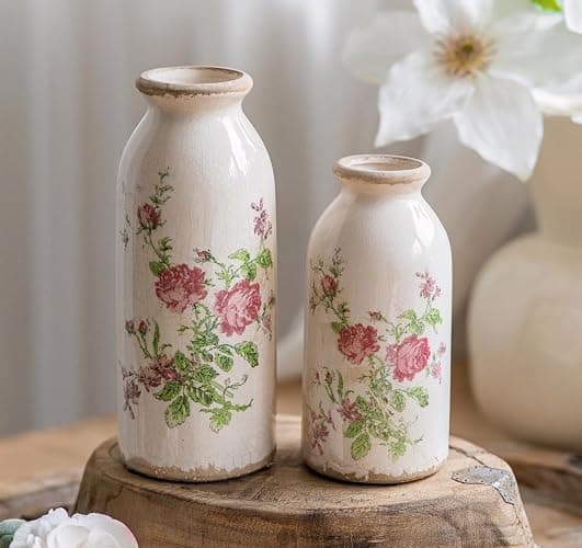 Ceramic Bud Vase 6 Inch, Small Vintage Flower Vase for Rustic Farmhouse Centerpieces, Wedding, Home,Table, Entryway, Shelf and Window Sill Decor - Rose Floral thumbnail 7