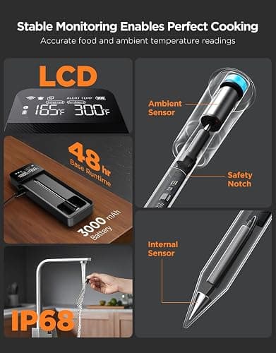 GoveeLife Bluetooth Wireless Meat Thermometer with Digital Standalone LCD Base, WiFi Unlimited Range, ±1.8℉ Accuracy, Food Grade Internal Ambient Sensor Probes for Kitchen, BBQ, Grill, Oven, Smoker thumbnail 3