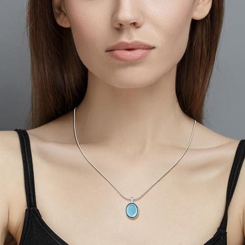 Teppdfann Birthstone Necklace for Women, Silver Chain Oval Gemstone Pendant | Oval Blue Moonstone Red Black Gemstone Necklace Birthstone Jewelry for Daily Wear Birthday Gift thumbnail 2