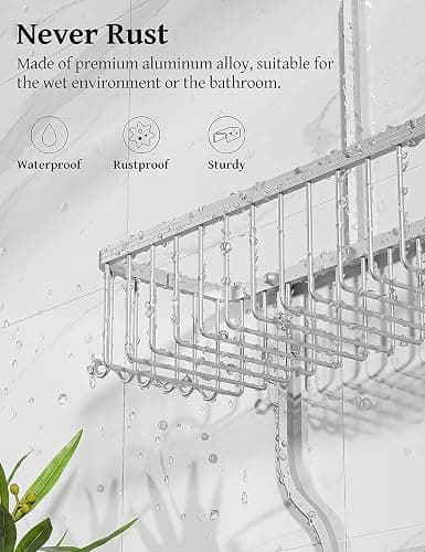 YASONIC Shower Caddy Hanging - Never Rust Shower Organizer - Aluminum Over The Head Caddy with 10 Hooks for Razor/Sponge - Rack with Soap Basket - Silver thumbnail 4