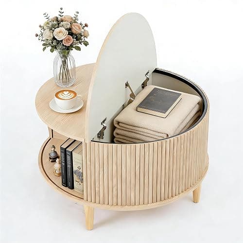 DUMOS Coffee Table, Round Coffee Tables with Storage, Fluted Center Table for Living Room, 31.69" Mid Century Modern Table with Sliding Cabinet Door, 2-Tier Rustic Wood Desktop, Wood thumbnail 3