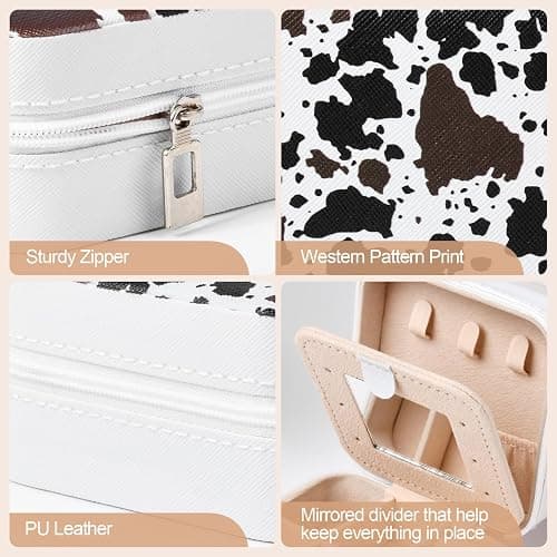 Western Jewelry Box Case Black Brown Cowhide Print Travel Jewelry Organizer Christmas Gifts for Women Country Girls Cowgirl Stuff Small Portable Travel Accessories for Women -White Cowhide thumbnail 7