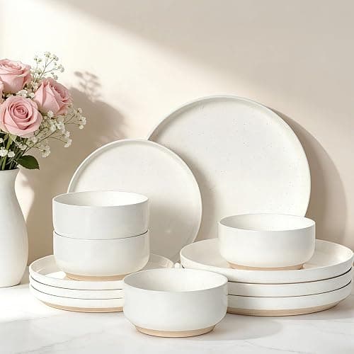 Plates and Bowls Sets, Dinnerware Sets for 4, 12 Pieces Scratch Resistant Dishware Dishes Set, Ceramic Kitchen Dinner Set, Porcelain & Microwave and Dishwasher Safe, Cream White - Image 1