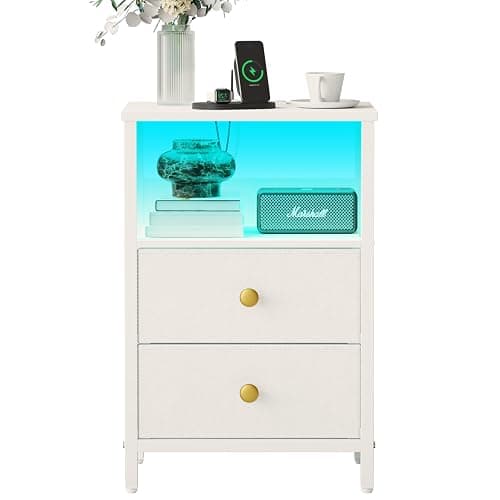 JOONEE White Nightstand with Outlet and LED Lights, Modern Bedside Table with Drawers, Small Night Table for Living Room, Bedroom thumbnail 9