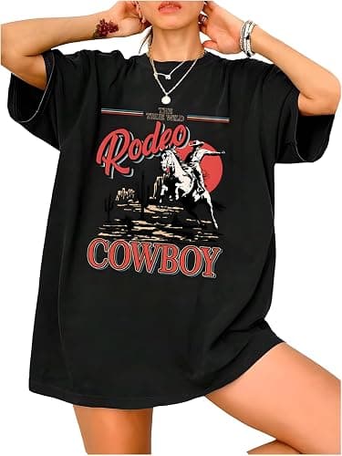 Oversized Western Shirts for Women Cowgirl Rodeo Graphic Tee Top Cowboy Vintage Country Concert Outfit - Image 1
