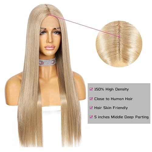 Sapphirewigs Ash Blond Lange gerade Perücke für Frauen Spitze vorne Perücken mit mittelTeil japanische synthetische Haare 150% Dichte Täglich Halloween Weihnachten hitzebeständig 26 inch thumbnail 4
